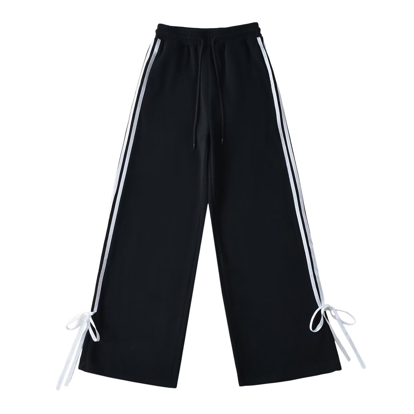 Side-striped Bow-tie-detailed High-waist Casual Loose Wide-leg Straight Pants