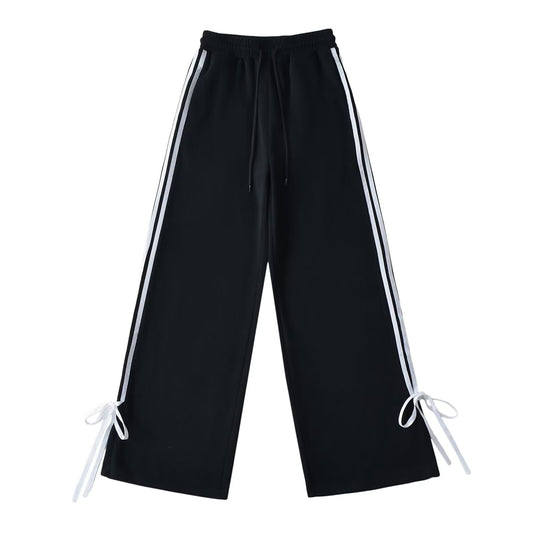 Side-striped Bow-tie-detailed High-waist Casual Loose Wide-leg Straight Pants