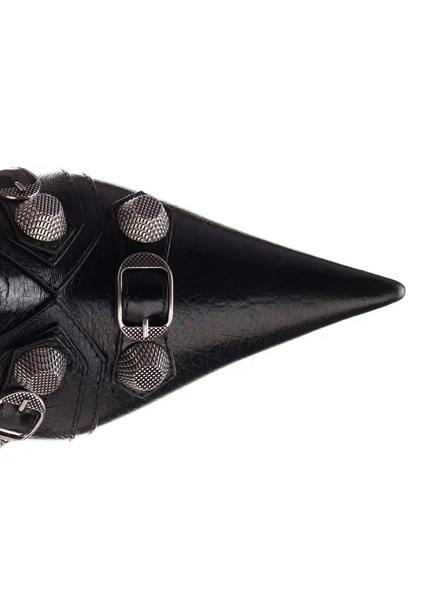 Pointed Toe Side Zipper Metal Stud Biker Booties