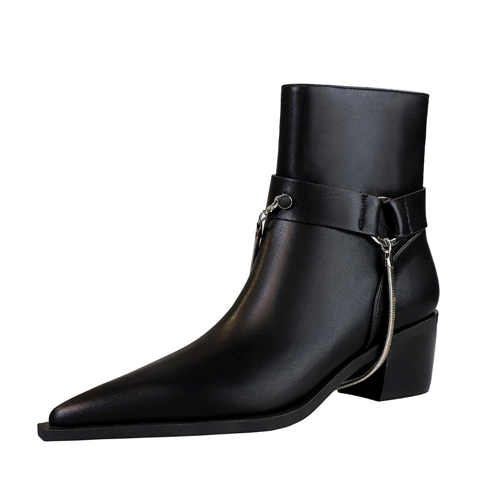 High Heel Pointed Toe Metal Chain Ankle Boots