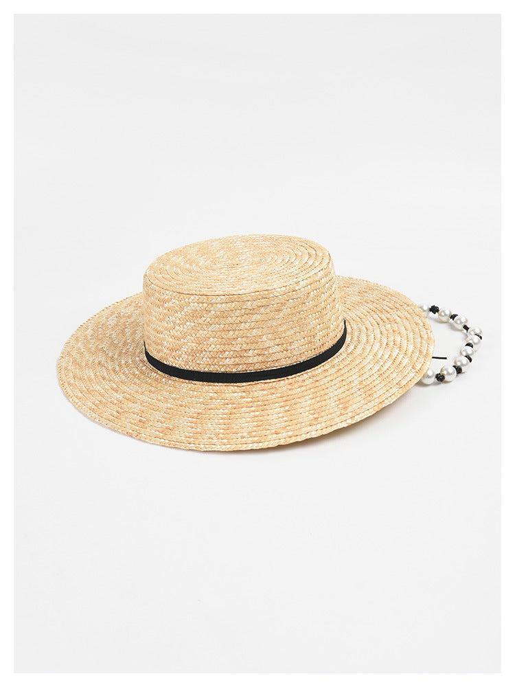 Flat Straw  Women Pearl Chain Sunshade Sun Hat