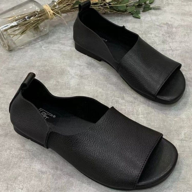 Retro Handmade Soft Leather Open-toe Fish-mouth Shoes With A Soft Sole
