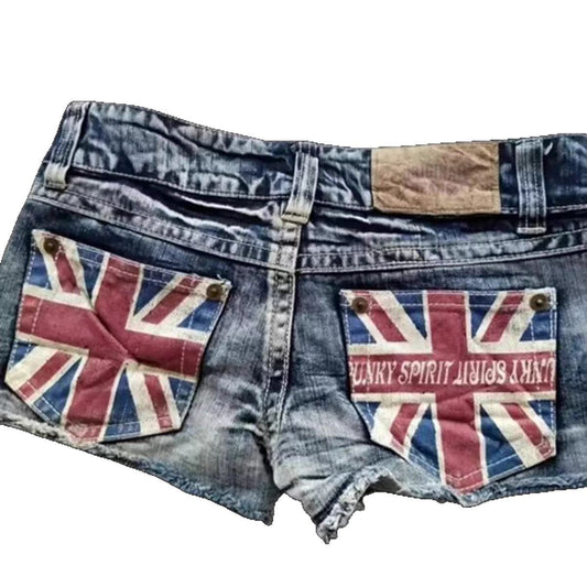 Printed Contrast Color Low Waist Hot Girl Slim Fit Denim Shorts