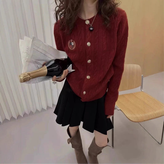 Round Neck Badge Knitted Cardigan Women's Sweater Jacket