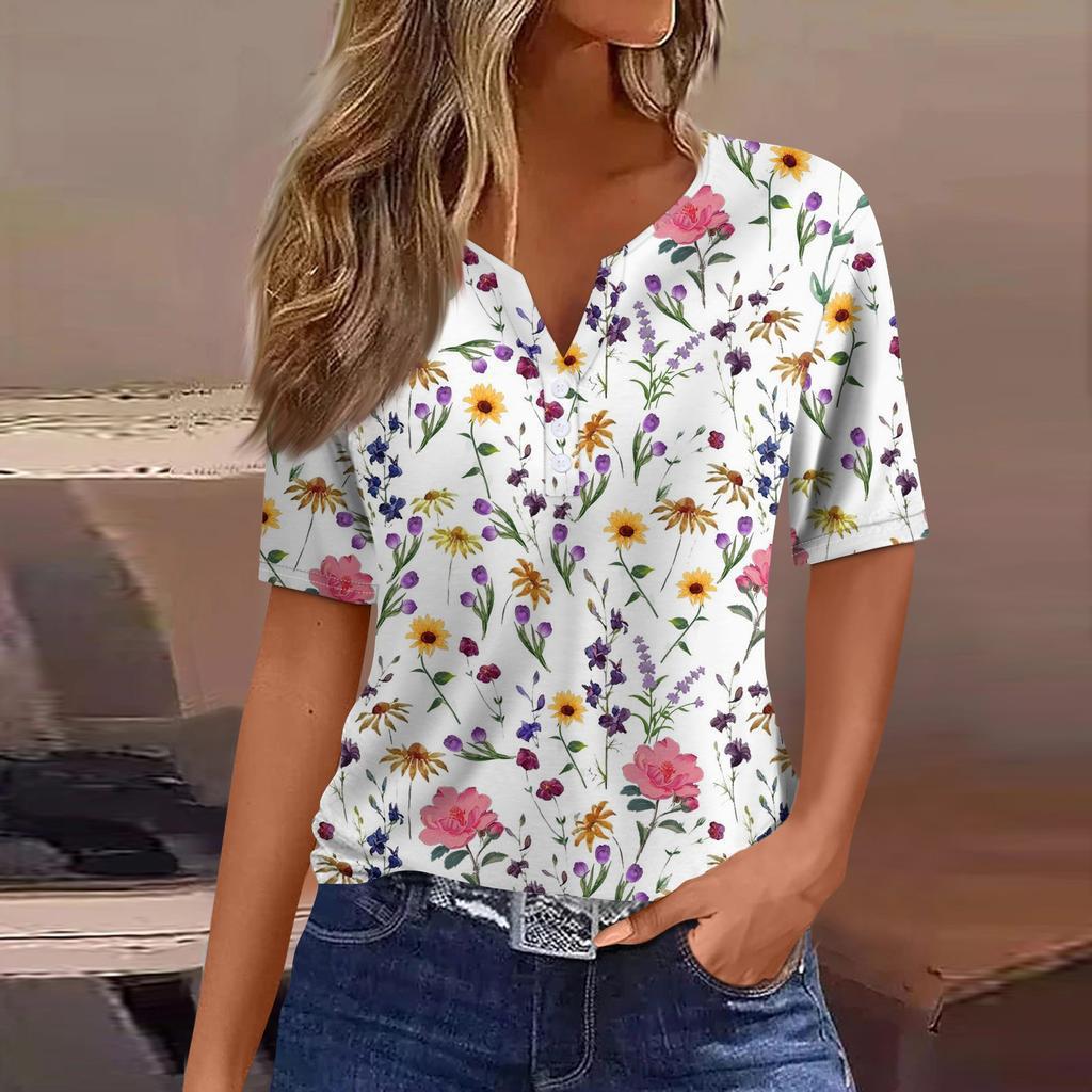 Women's Striped Gradient Flower Print Three-button V-neck Short Sleeve