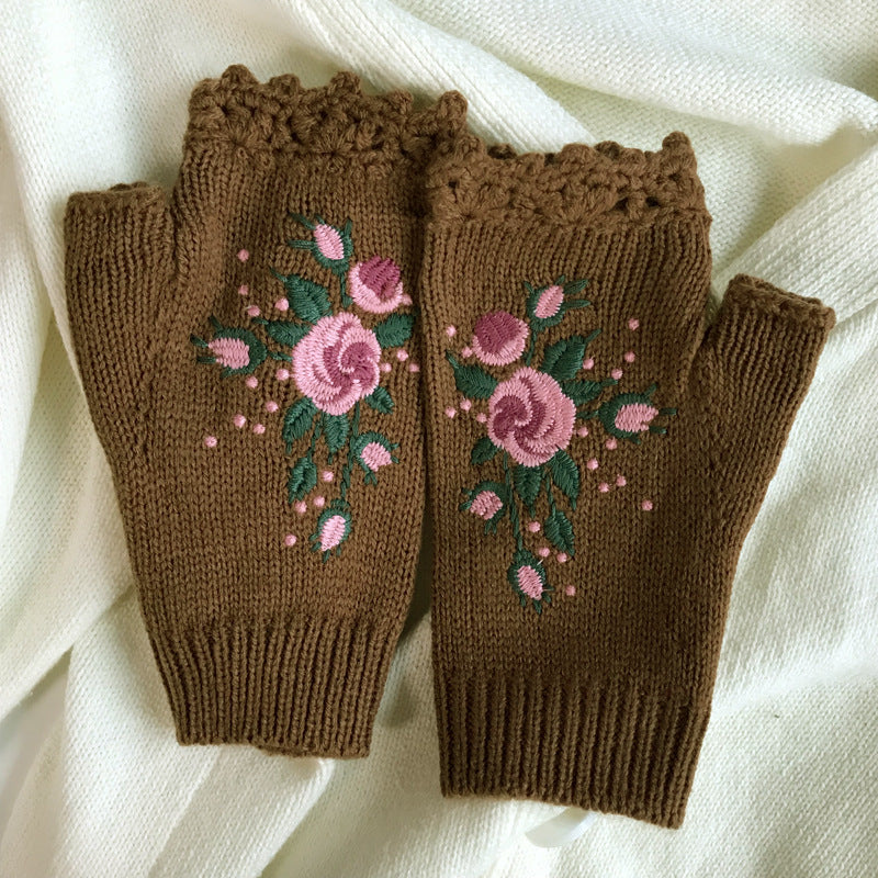 Broderede damevarme handsker bi blomsterstrik