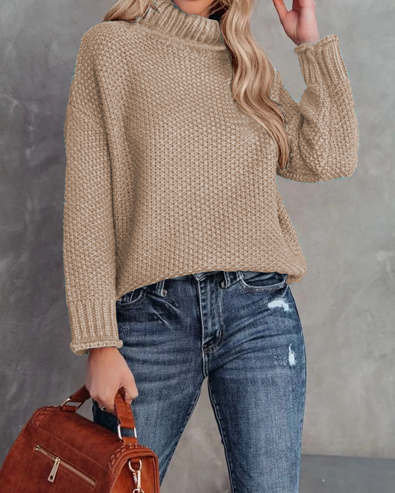 Women's High-neck Long-sleeve Rolled-edge Knit Sweater