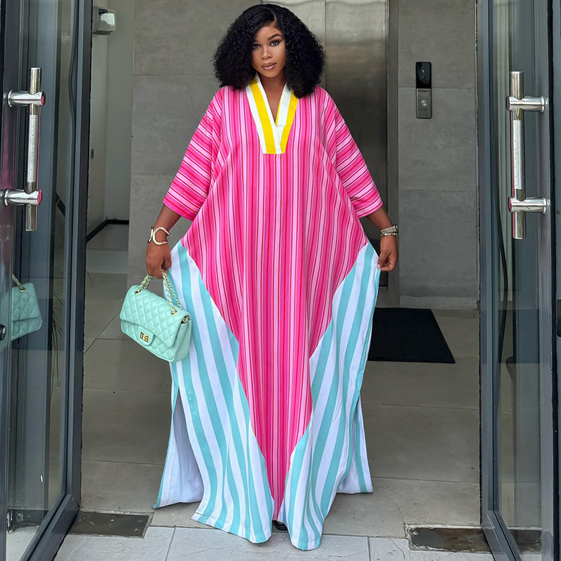 Western-style Fashionable V-neck Striped Loose-fitting Maxi Dress