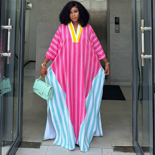 Western-style Fashionable V-neck Striped Loose-fitting Maxi Dress