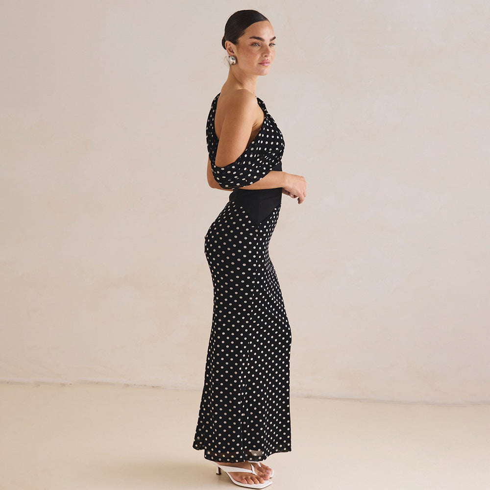 European And American Style Personalized Design Slant-neck Off-shoulder Polka Dot Dress
