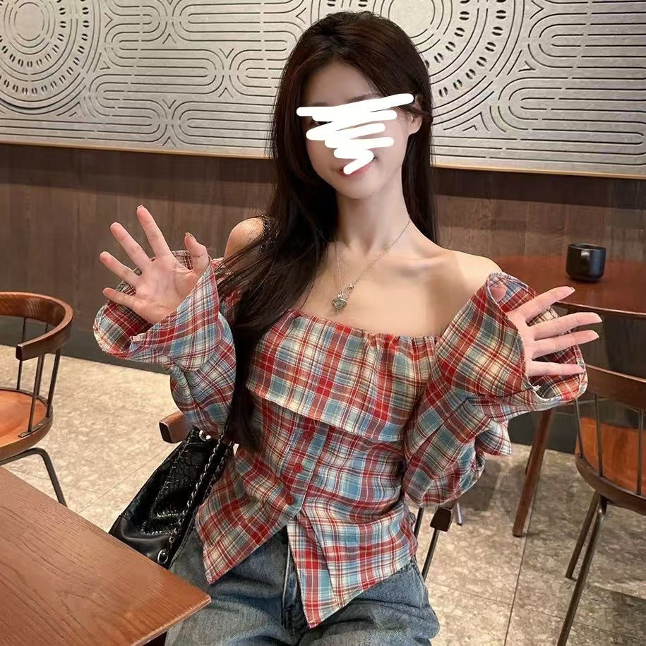 Ruffled Plaid Shirt Off-neck Off-the-shoulder Flared Sleeves