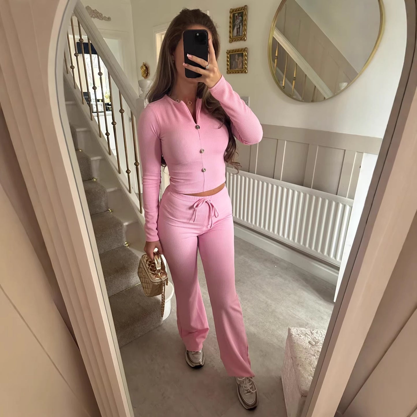 Womens Long-Sleeve Sexy Small V-Neck Solid-Color Top And Wide-Leg Pants Two-Piece Set