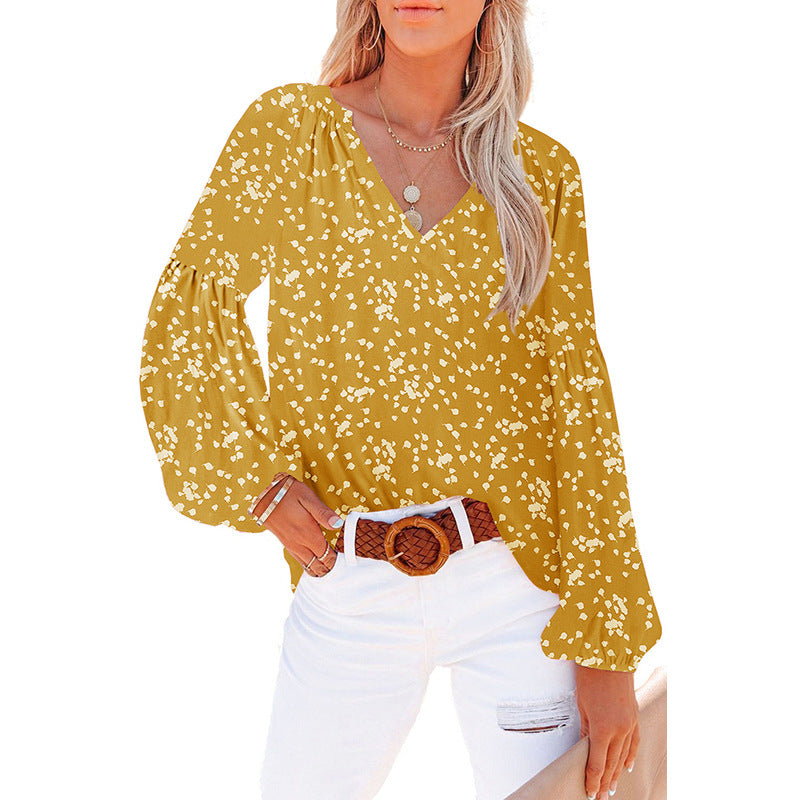 Dames Floral Chiffon Skjorte Løs V-hals Casual Top