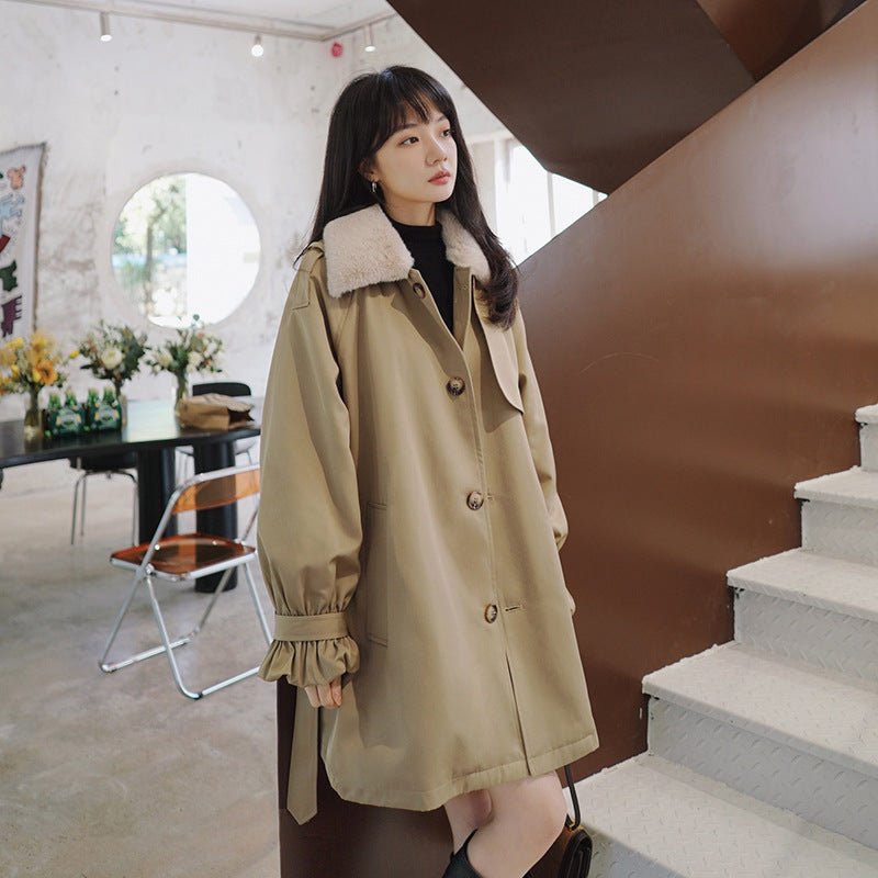 Waist Slimming Plus Velvet Thickening Women's Winter Khaki Cotton Coat