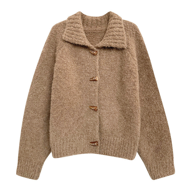 Retro Horn Button Solid Color Sweater Coat For Women