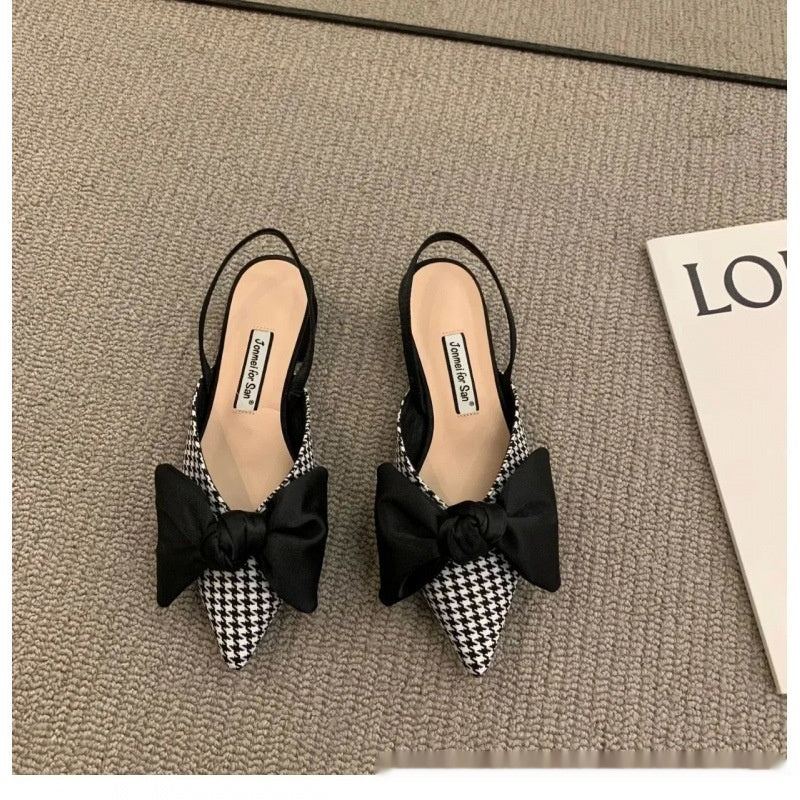 French-style Pointed-toe Bow-embellished Closed-toe Sandals For Women