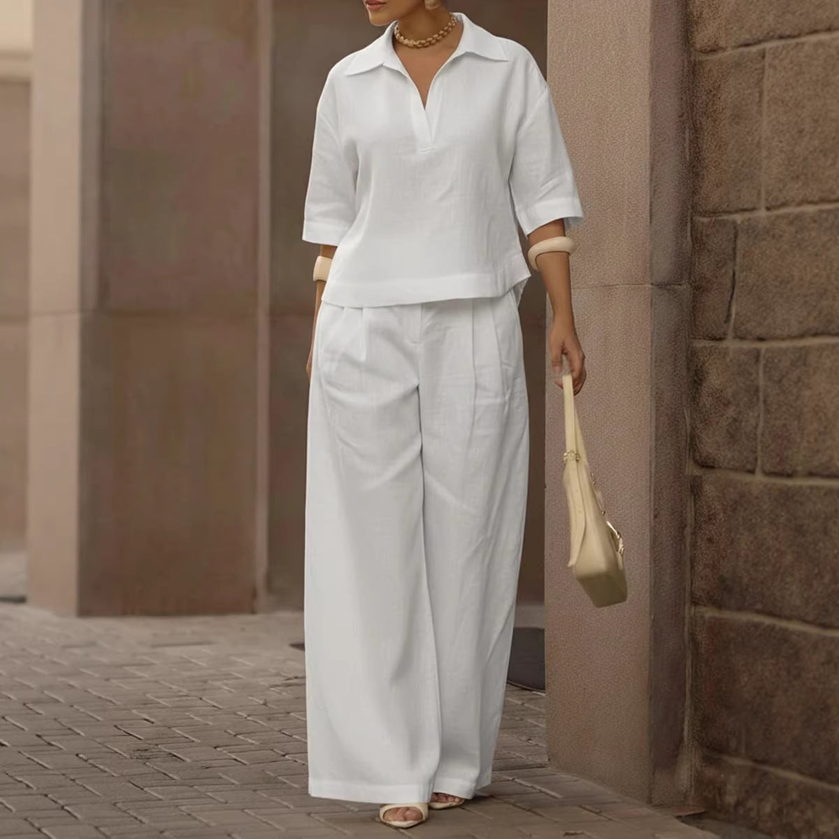 Solid-color Slimming Versatile Wide-leg Pants Two-piece Set