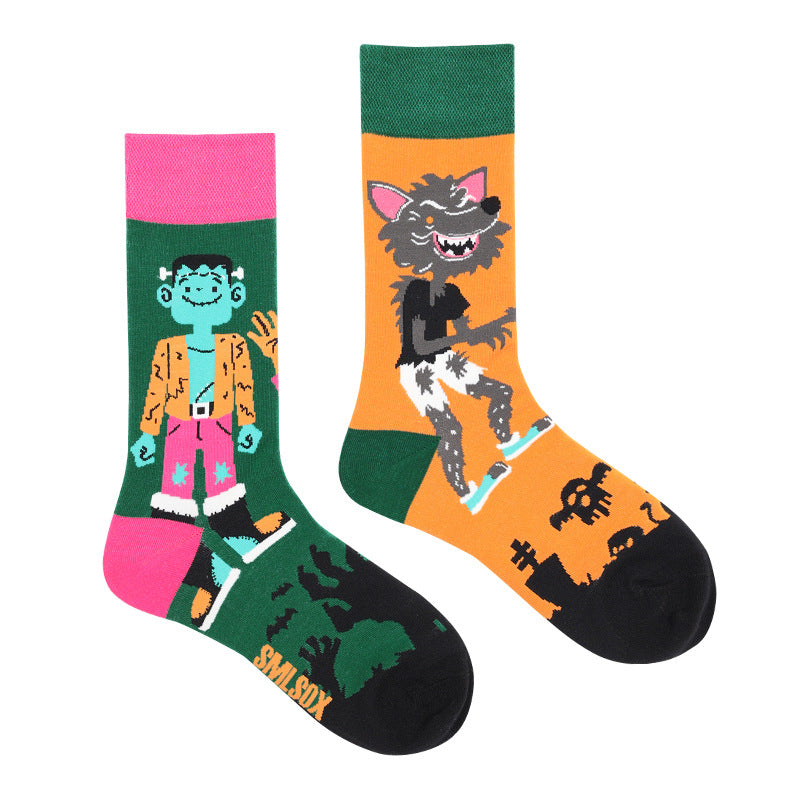 Asymmetrical Color Retro Personality Male And Female Couple Mid-length Cotton Socks
