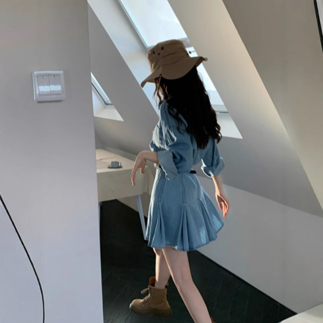 Womens Chic Casual Denim Shirt Dress