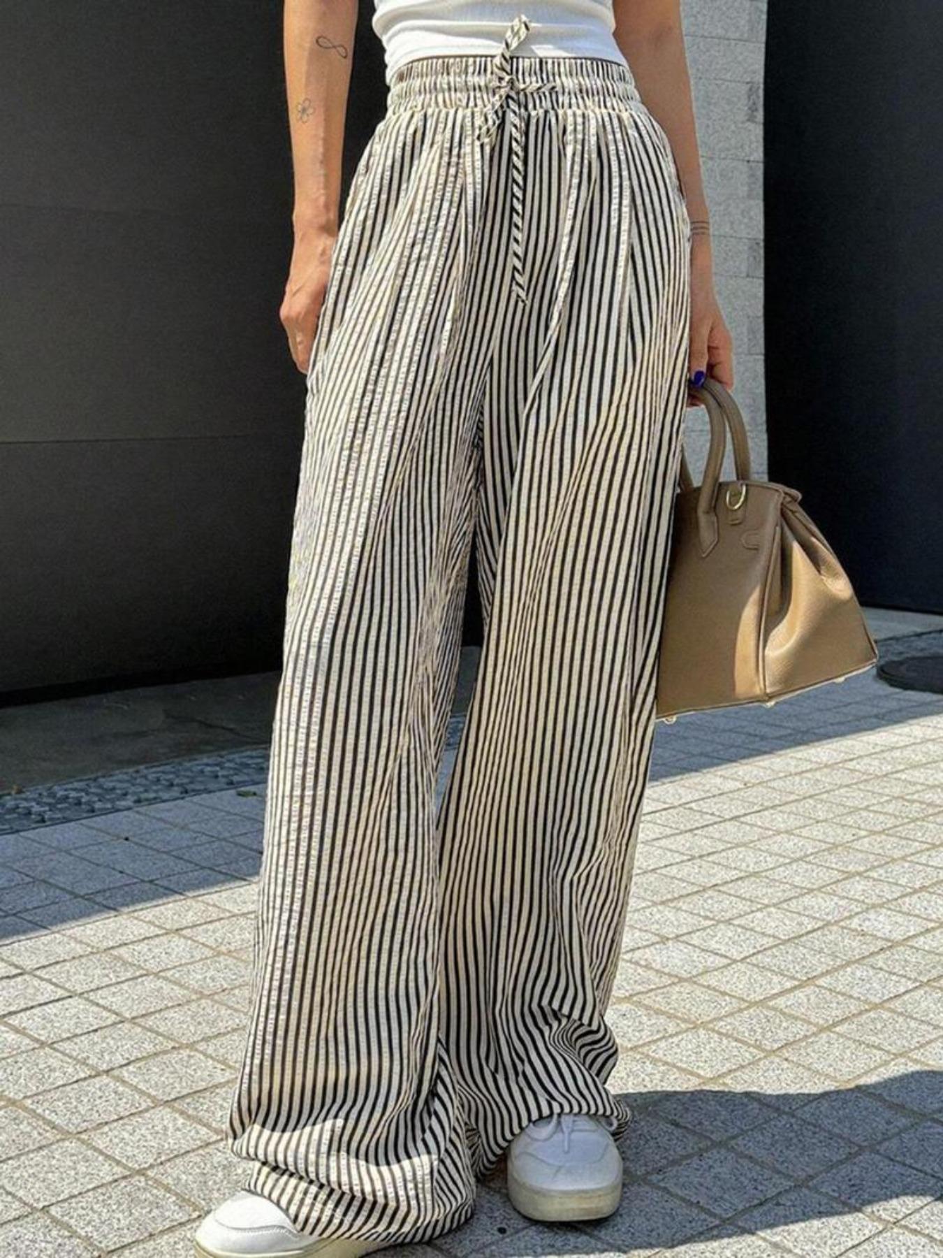 Women's High Waist Loose Casual Striped Straight-leg Pants