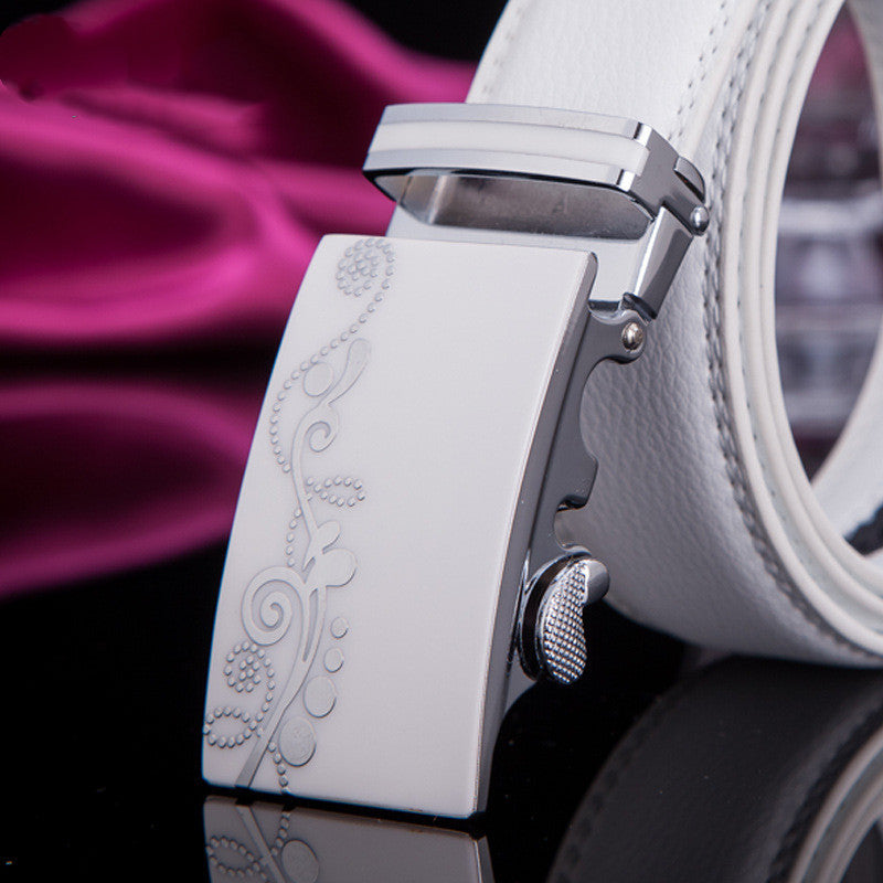 Men's Leather Belt Alloy Automatic Buckle White Belt
