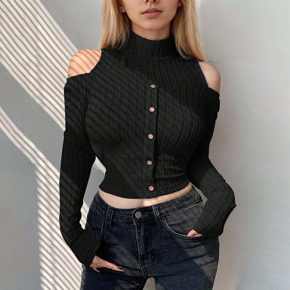Off-the-shoulder Design Long Sleeve Short Bottoming Top