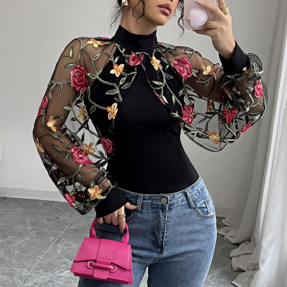 Lace-spliced Pleated Designer-style T-shirt