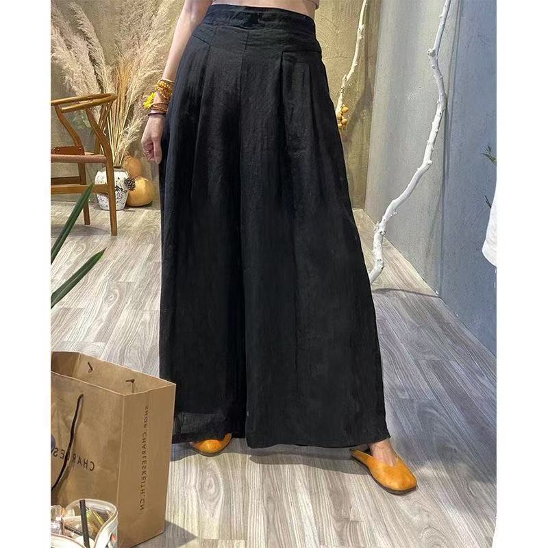 Womens Retro Loos Slimming High-Waist Cotton-Linen Wide-Leg Pants