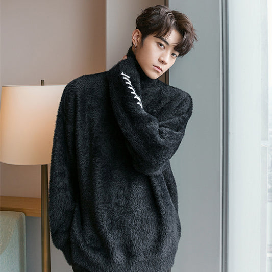 Men's Lace Design Mink Turtleneck Sweater