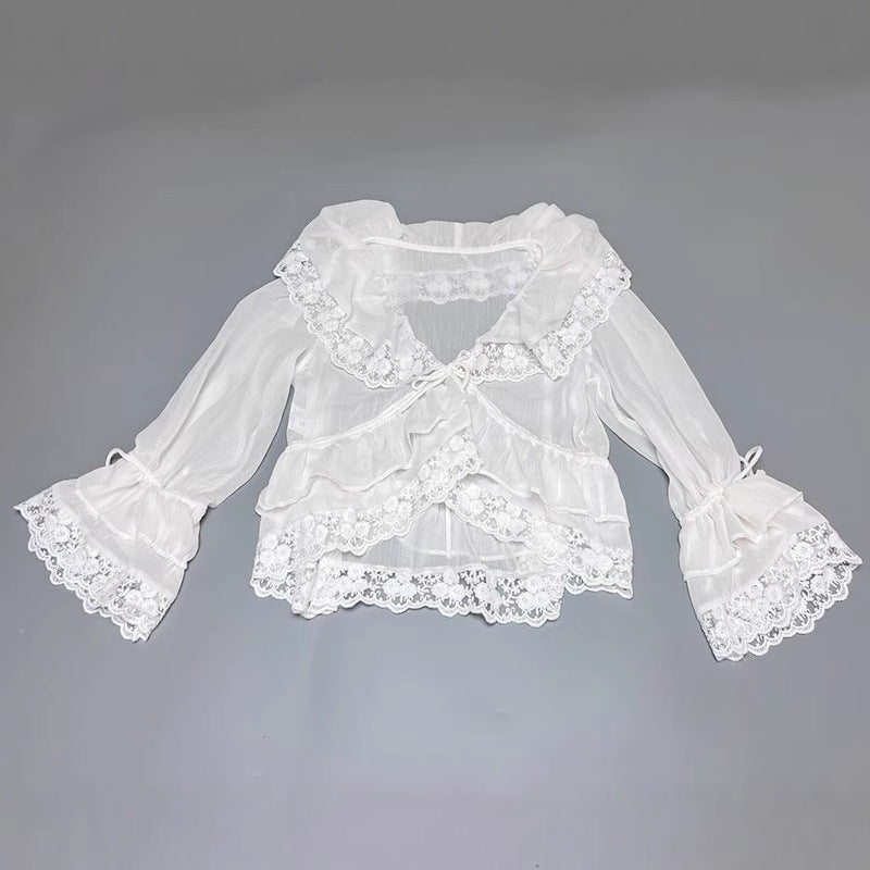 Sweet Beauty Summer Ruffles Lace Stitching Large Lapel Short Waist