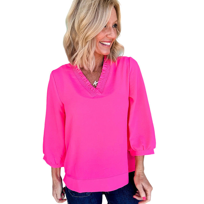 Solid Color And V-neck Women's Loose Casual Chiffon Shirt Top