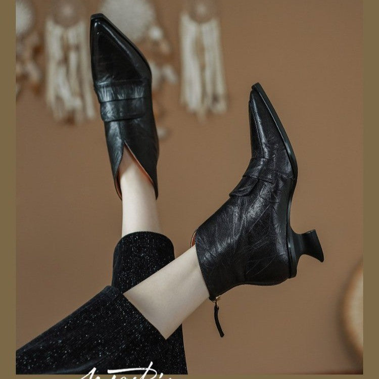Womens French-style Vintage Pointed-toe Mid-heel Ankle Boots