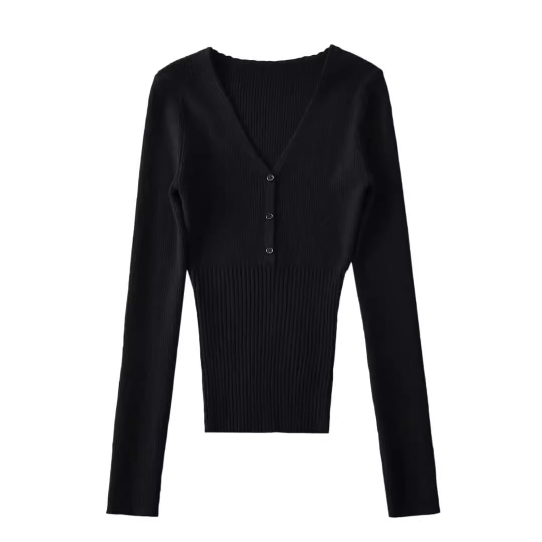 V-neck Fitted-waist Long-sleeve Knit Base Layer Top