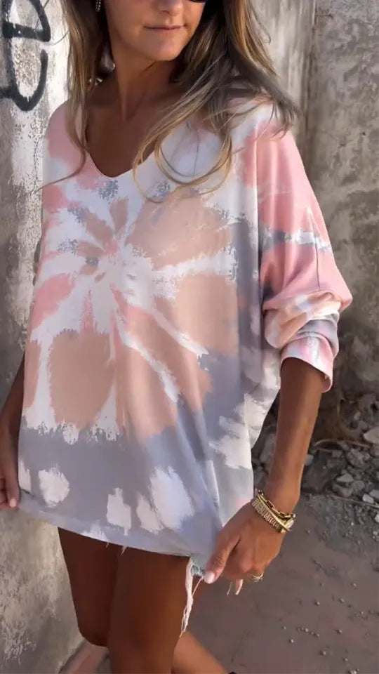 Dame T-shirt med rund hals, batwing-ærmer, løstsiddende og afslappet stil