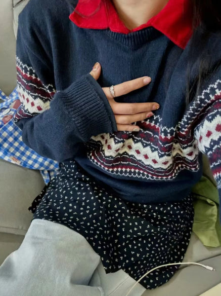 Round Neck Jacquard Diamond Plaid Long Sleeve Pullover Sweater