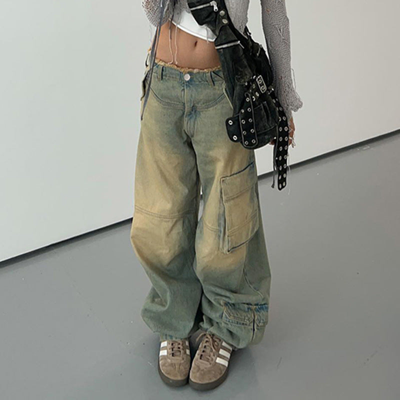 Women's Asymmetric Retro Raw Hem Jeans Straight-leg Overalls
