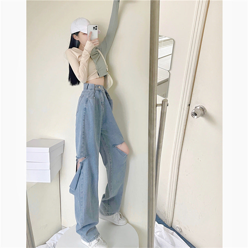 Ripped Jeans med Lige Pasform, Høj Talje og Løs Pasform, Flatterende