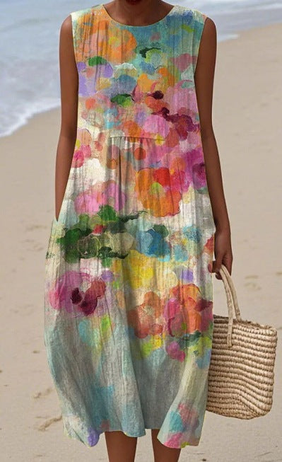 Womens Sleeveless Casual Printed Elegant Dress