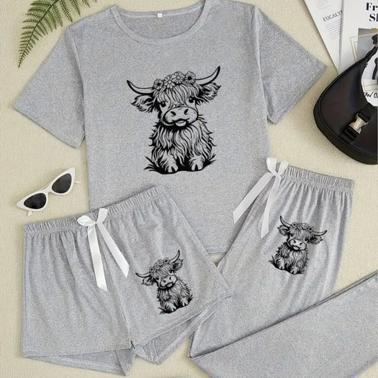 Western Bull Head Print 3-Piece Short-Sleeve Shorts Set