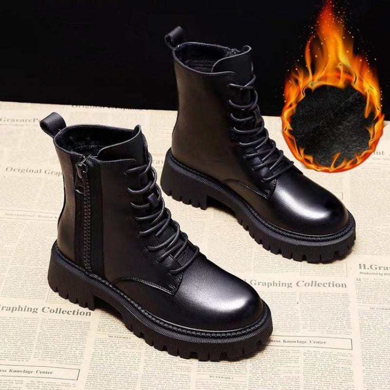 Soft Leather Spring And Autumn Bow Thick Heel Short Female Martin Boots