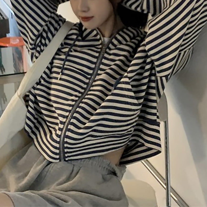 Striped Versatile Loose Fitting Laid Back Hoodie