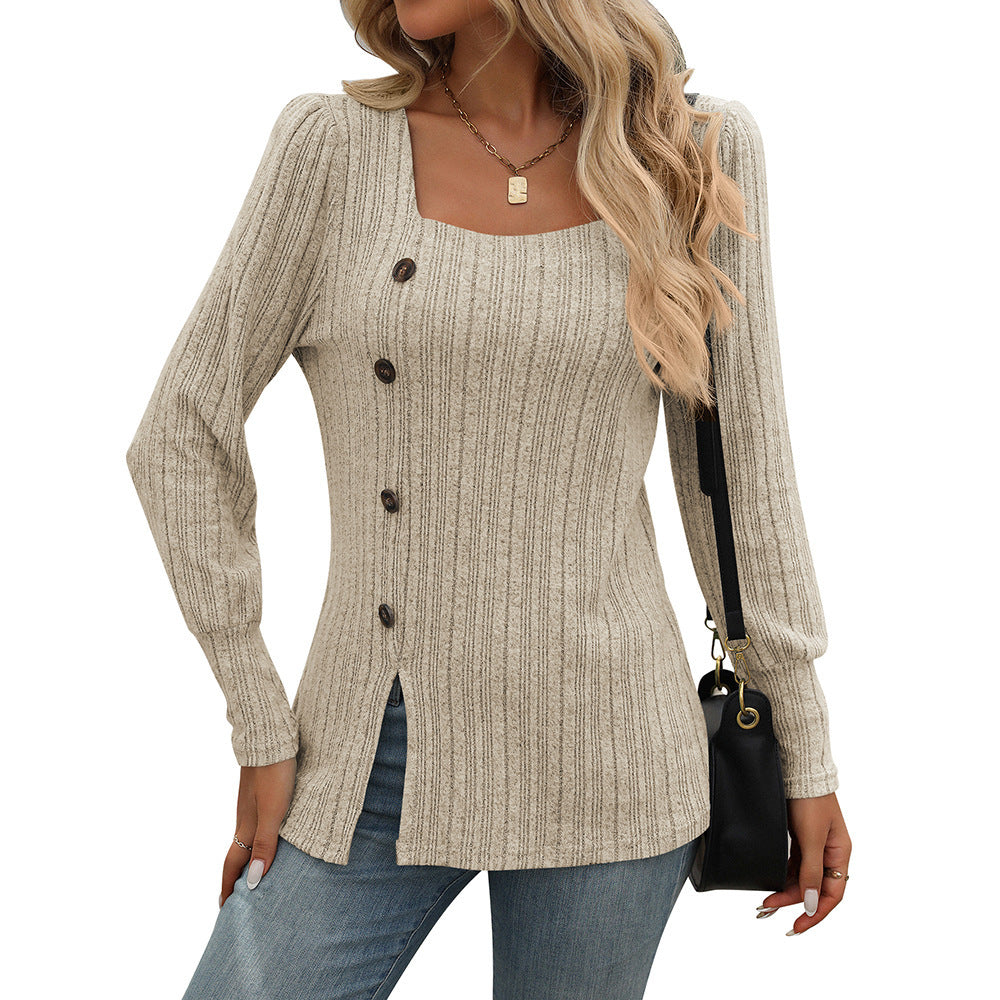 New Square Collar Sunken Stripe Brushed Solid Color Top Long Sleeve