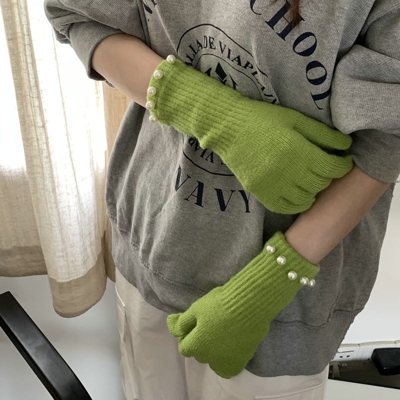 Solid Color Knitted Pearl Warm Knitted Gloves