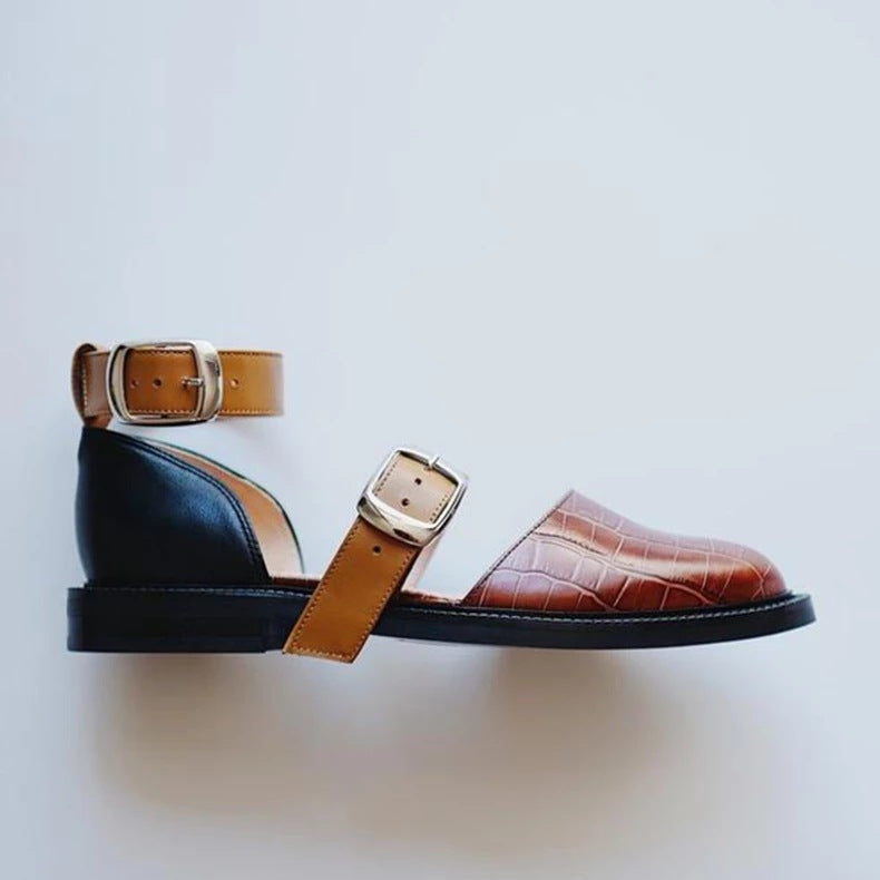 Closed Toe Flat Sandals Women's Shoes Round Toe Color-blocking Low Square Heel Buckle Round Toe Women's Large Size Fashion Shoes