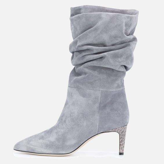 Pointed Toe Stiletto High Heel Snake Print Pleated Mid-top Boots Purple And Silver Women's Boots