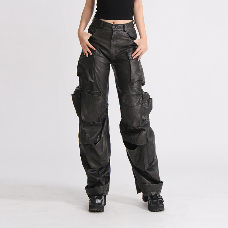 Fashion Unique Design Pocket High Waist Wide Leg Solid Color American PU Overalls