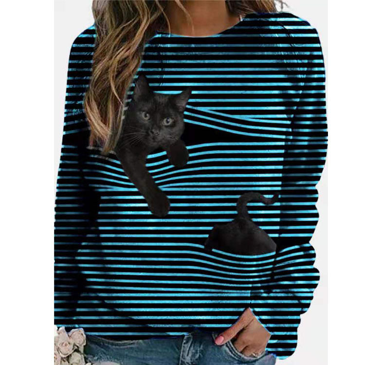 Cartoon Pattern Round Neck Stripe Long Sleeve T-shirt 3D