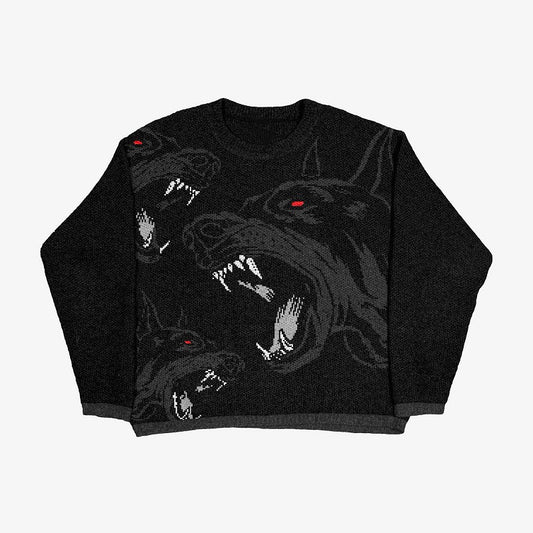 Fashion Round Neck Knitted Sweater Gothic Pattern Printed Sweater Long Sleeve Loose Top