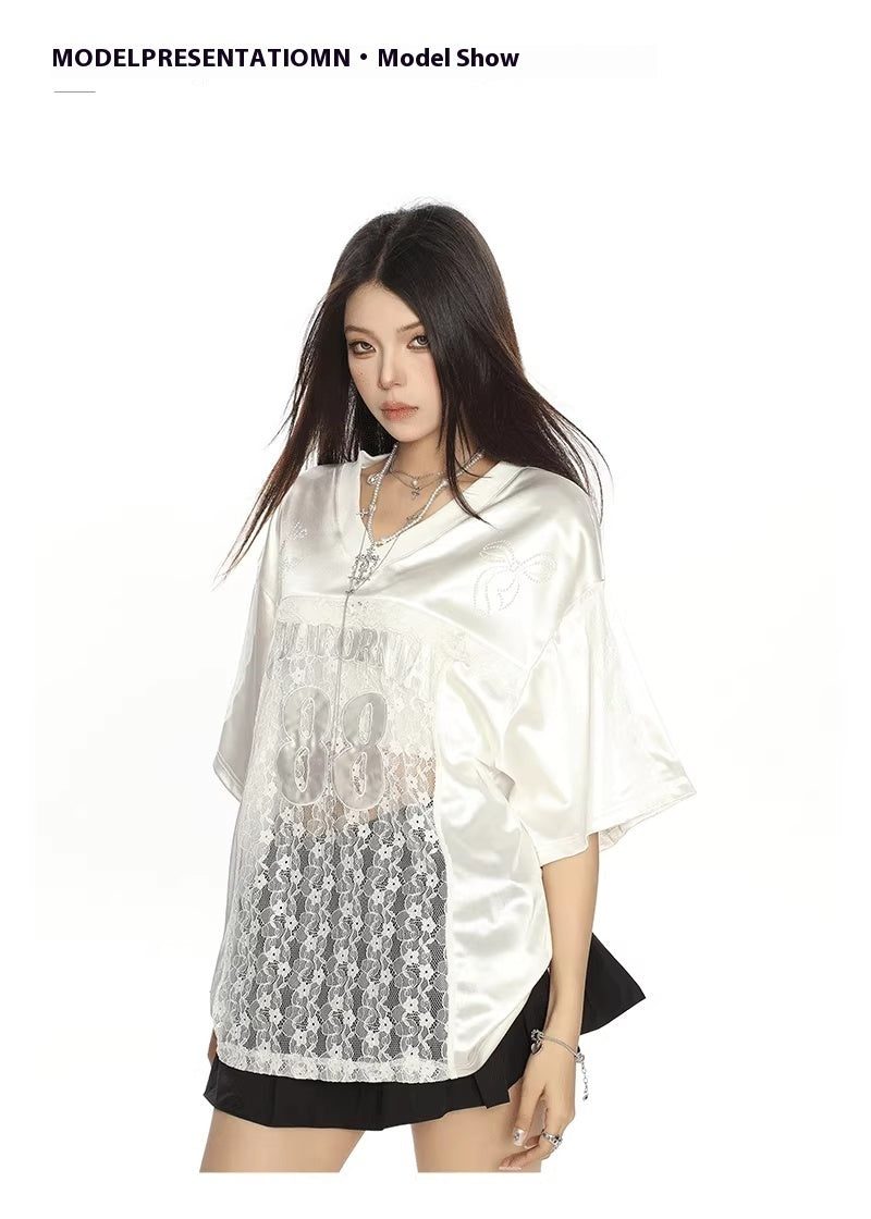 American Retro Lace Stitching Letter Embroidery Short Sleeve T-shirt