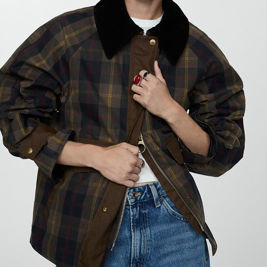 Autumn And Winter Plaid Fur Collar Cotton-padded Coat